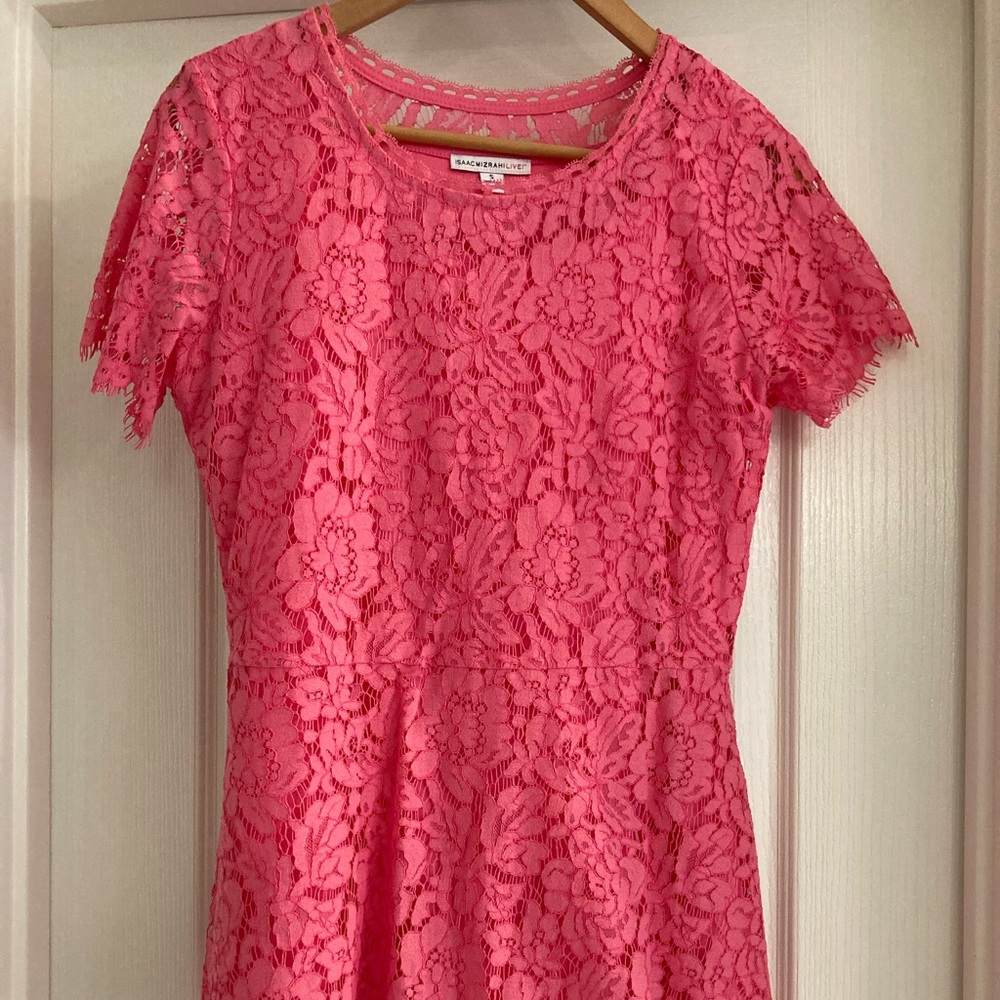Isaac Mizrahi Vibrant Pink Lace Peplum Top Blouse